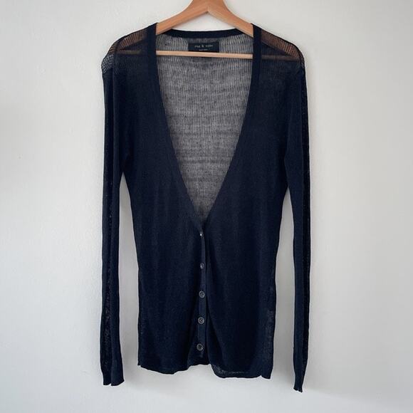 Rag & Bone New York Black Knit Linen Fitted Deep V Cardigan Sz S Minimal Goth - Picture 1 of 9